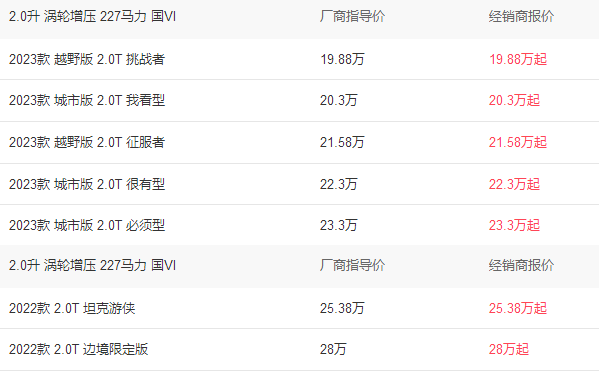 长城坦途克300报价2023款，坦克300这款车落地多少钱